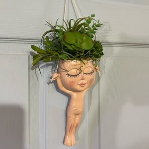 Hanging Pot Head Planter with Faux Succulents New